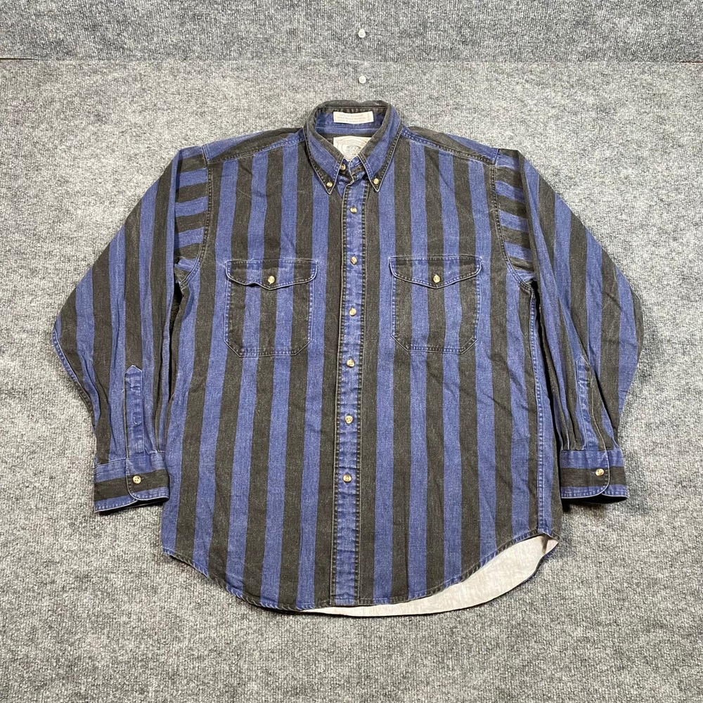 John Ashford Sport Mens Medium Blue Black Striped Cotton Denim Button Down Shirt
